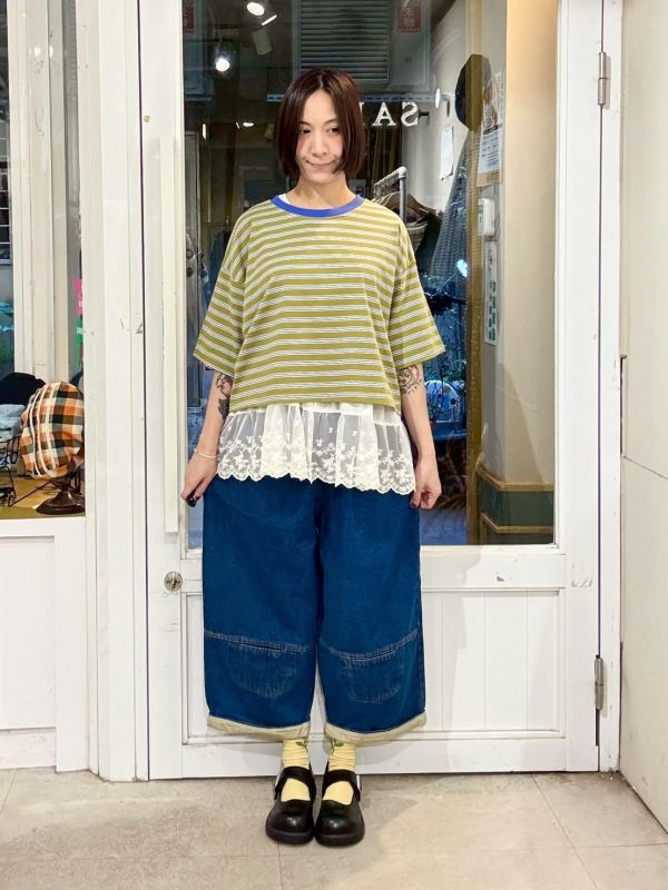 褲腳反折拼接繭型九分褲牛仔寬褲 