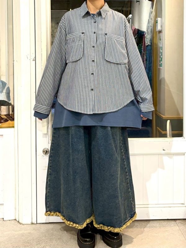 藍色條紋立體口袋襯衫 