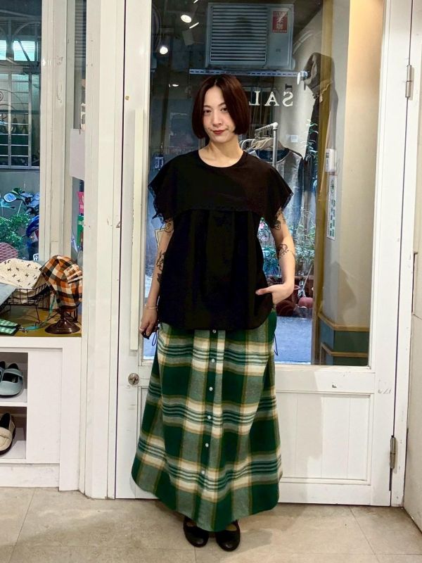 兩側邊抽繩襯衫式下擺格紋裙 