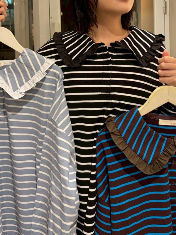 百搭條紋荷葉領休閒上衣 