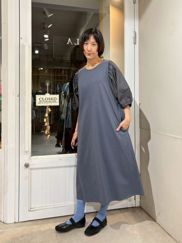 異材質拼接澎澎袖長洋裝 