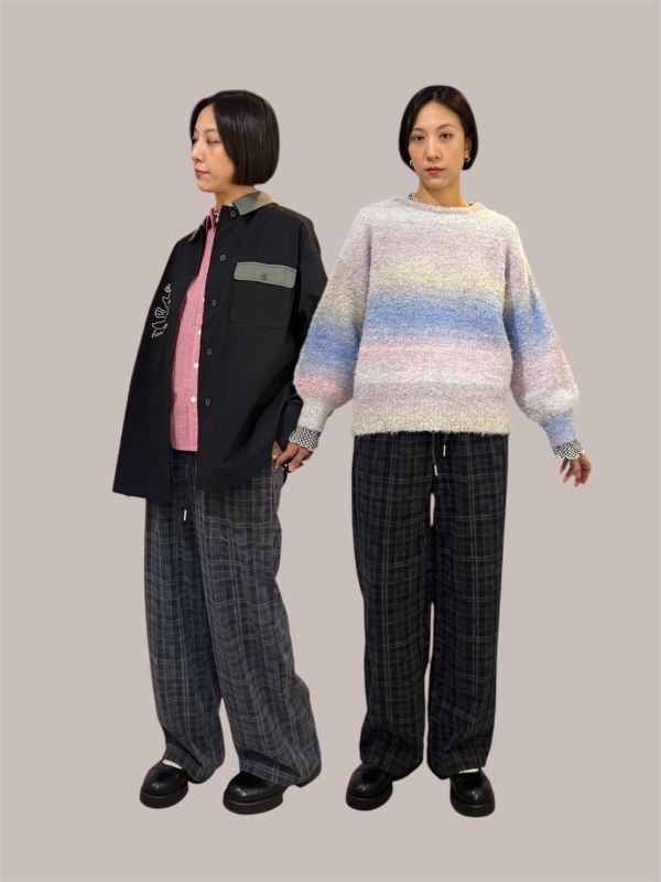 伸縮腰抽繩薄毛呢格紋褲 