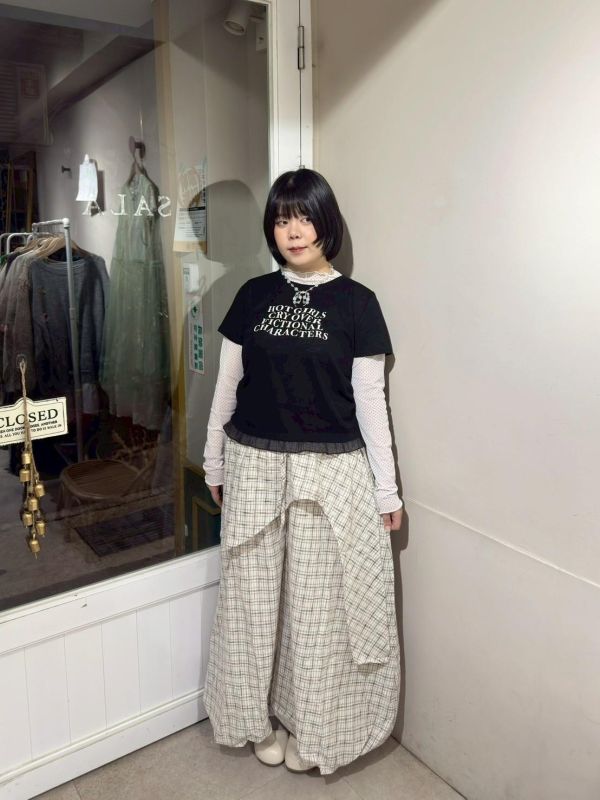 不對稱造型抽繩格紋氣球褲 