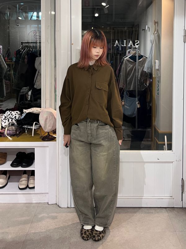 復古水洗灰色牛仔彎刀褲 