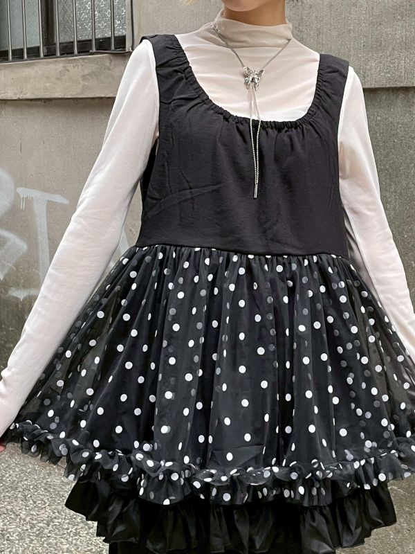 拼接波點雙層紗紗寬肩帶背心 