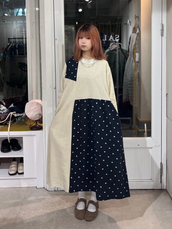 棉麻拼接波點長袖洋裝 