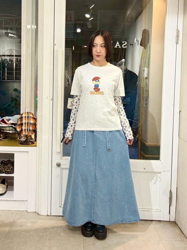 鬆緊腰A字牛仔裙附腰帶 