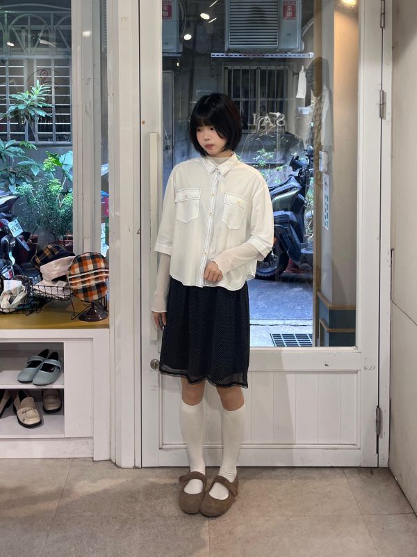 明線雙口袋短板五分袖襯衫 
