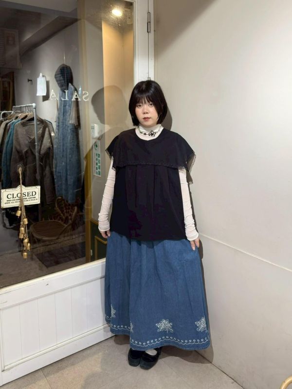 牛仔刺繡下擺鬆緊腰長裙 