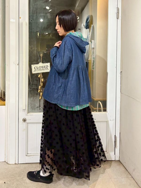 假兩件牛仔內裡格紋連帽襯衫 