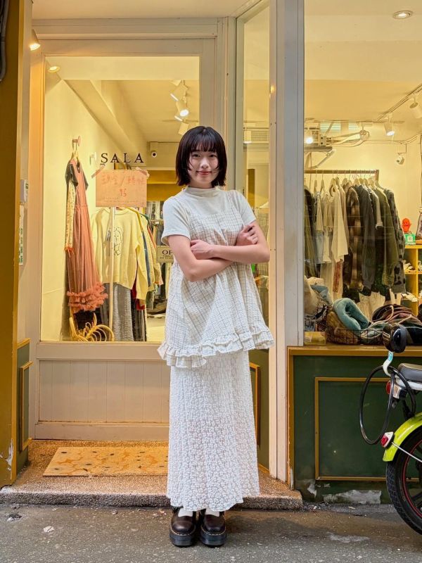 格紋後綁帶蛋糕層次下擺細肩帶背心 