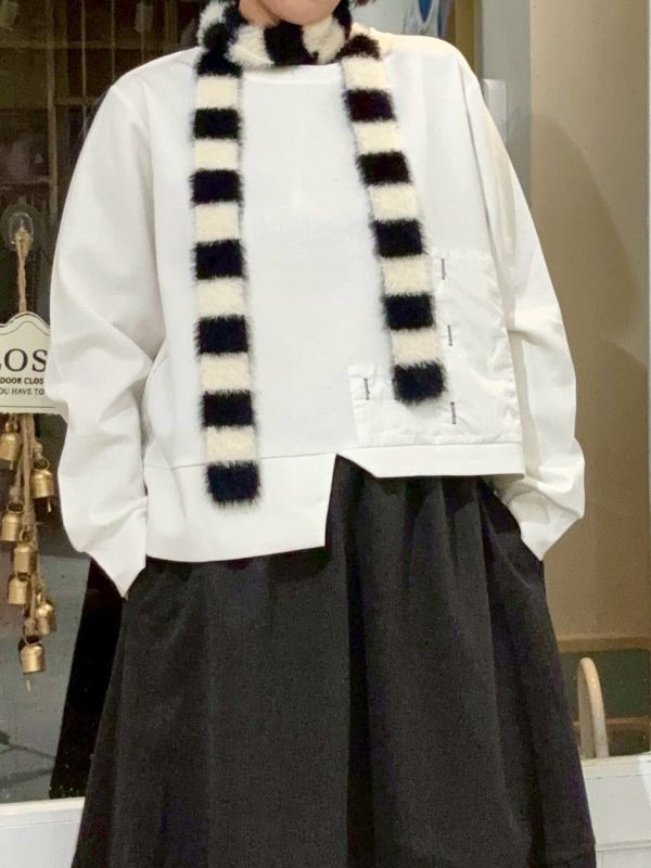 下擺裁切異材質拼接長袖上衣 