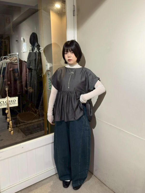 牛仔車線鬆緊腰繭型長褲 