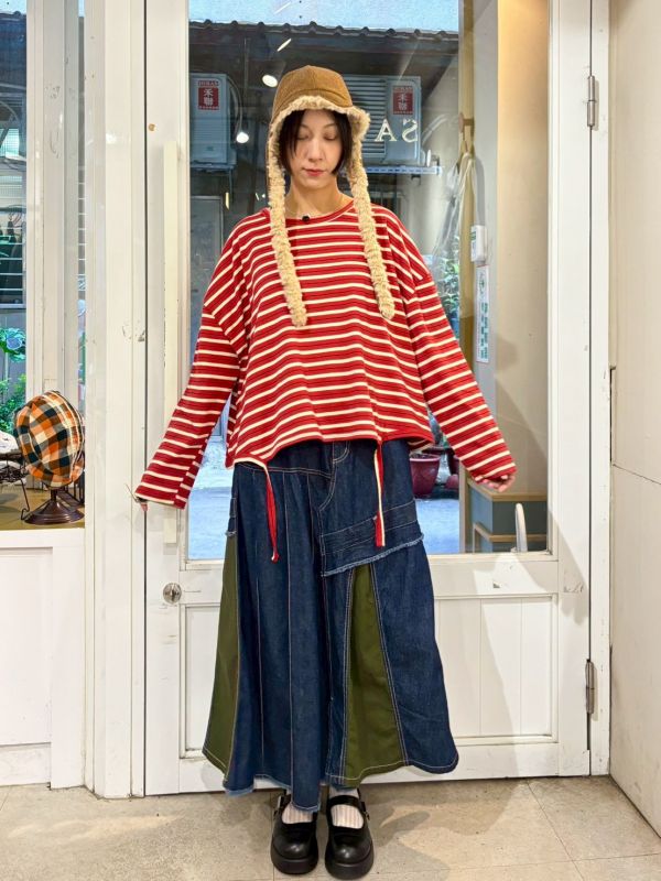 紅白條紋下擺垂繩長袖上衣 