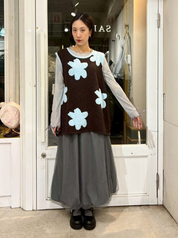 撞色藍花針織背心 