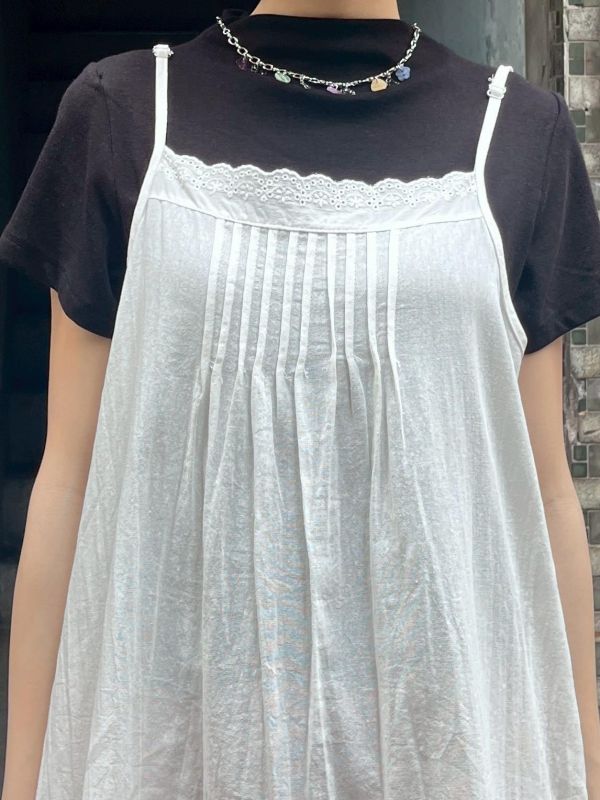棉麻花邊打摺吊帶背心裙 