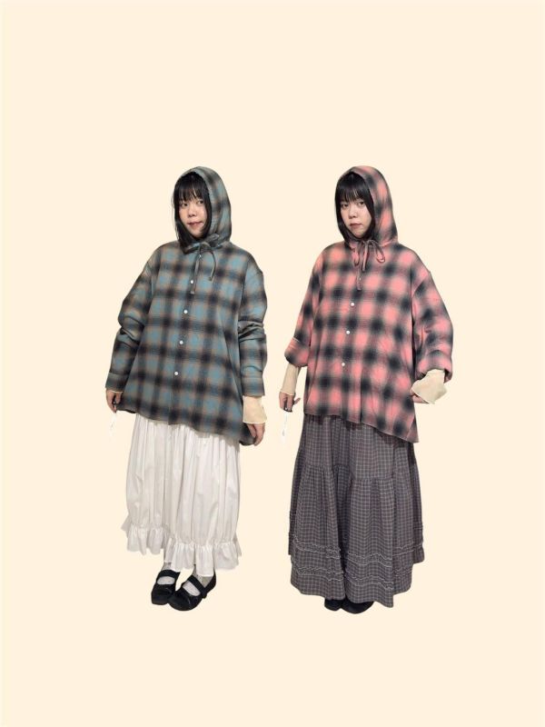 格紋排扣連帽綁帶襯衫外套 