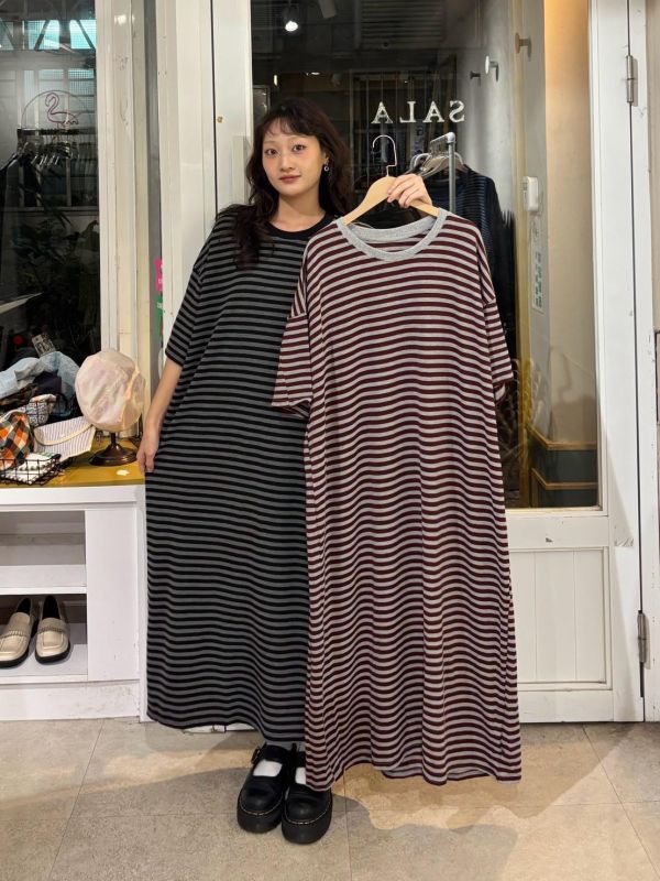 橫條紋one piece長洋裝 