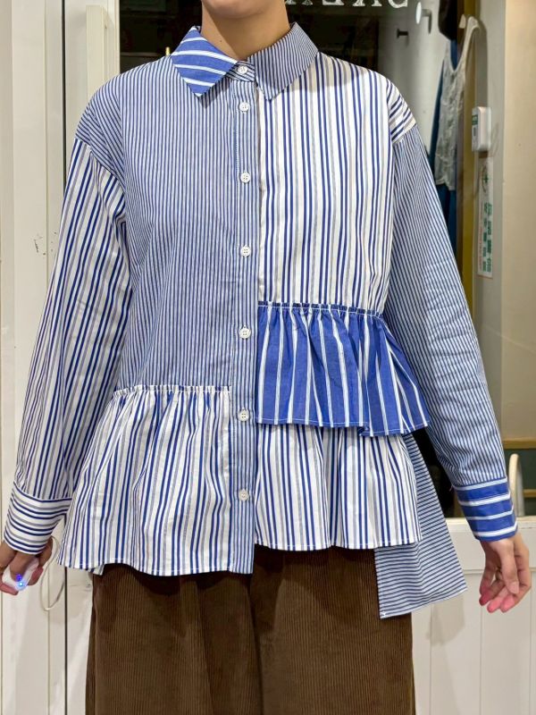 藍白直條紋拼接不規則層次抓皺拼接下擺襯衫 