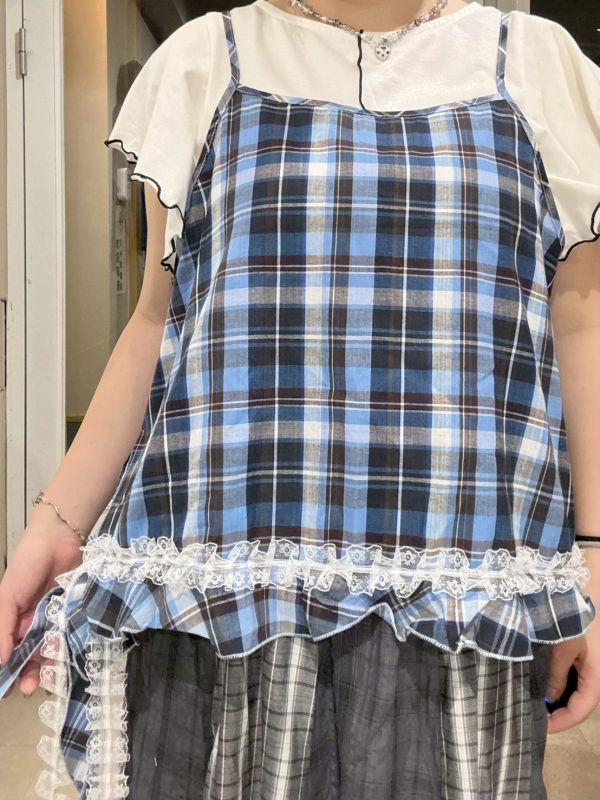 藍咖格紋側開蕾絲綁帶背心 