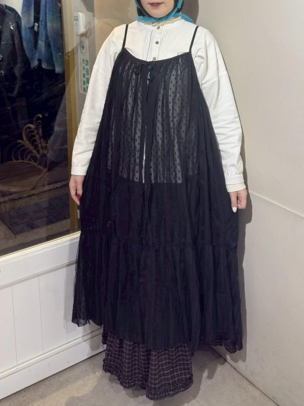 波點紗綁帶吊帶長版罩衫 