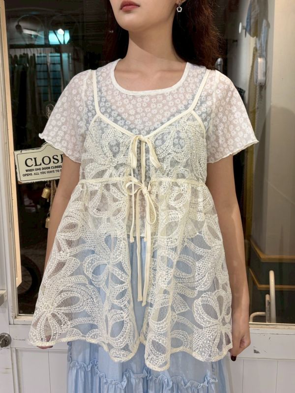 刺繡大蝴蝶結雙綁帶透紗背心 