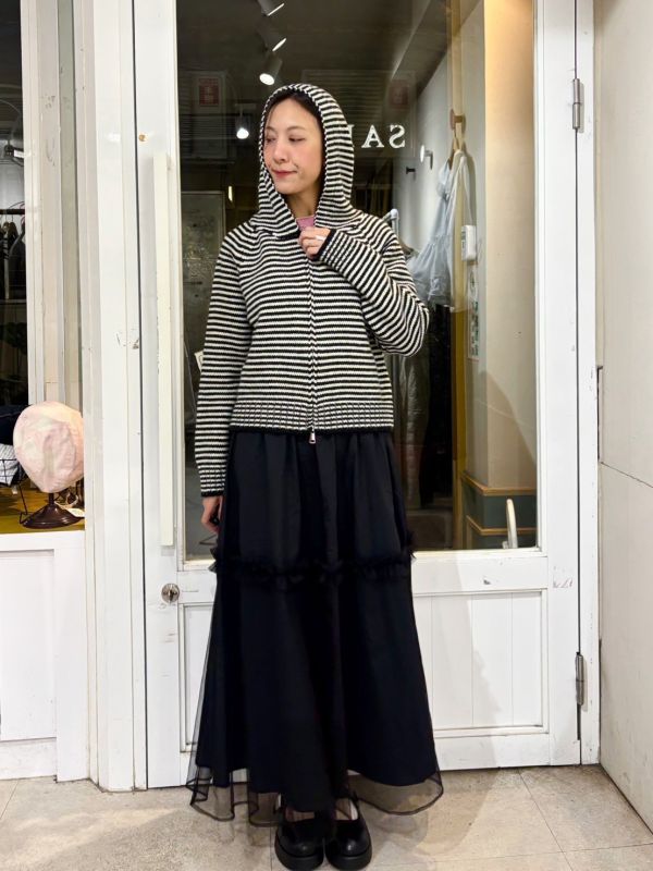 黑白條紋針織拉毛衣鏈連帽外套 