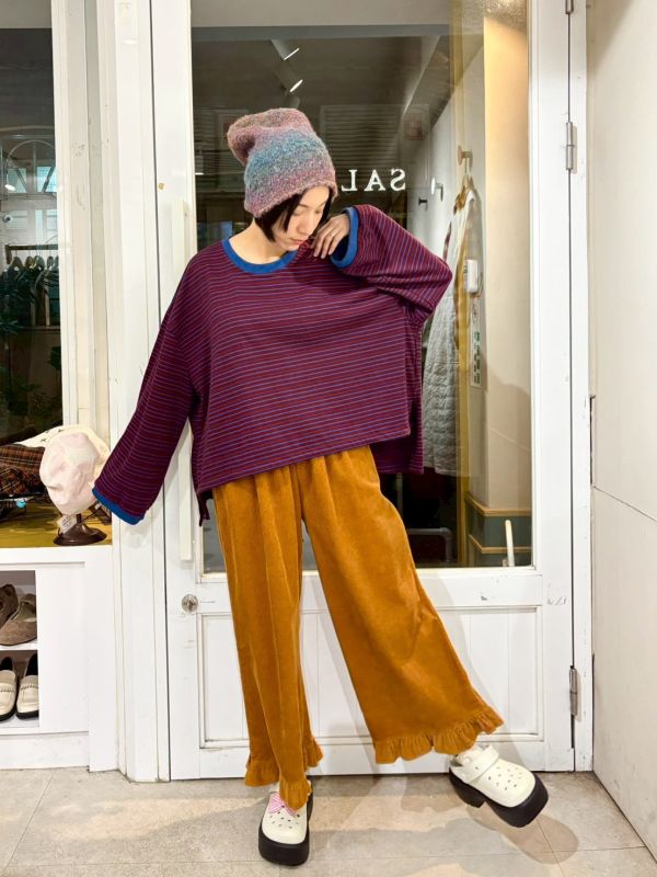 前短後長落肩寬袖條紋長袖上衣 