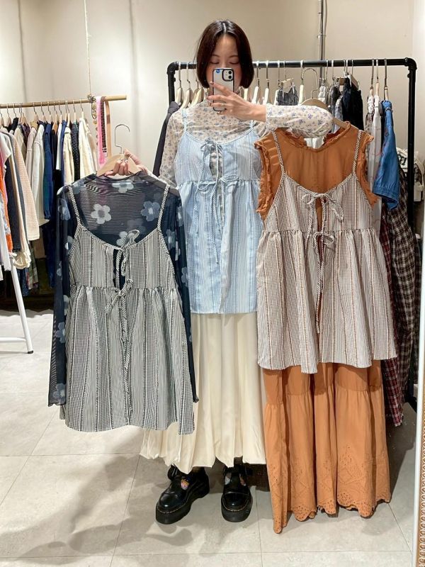 立體布紋細格條紋綁帶吊帶背心 