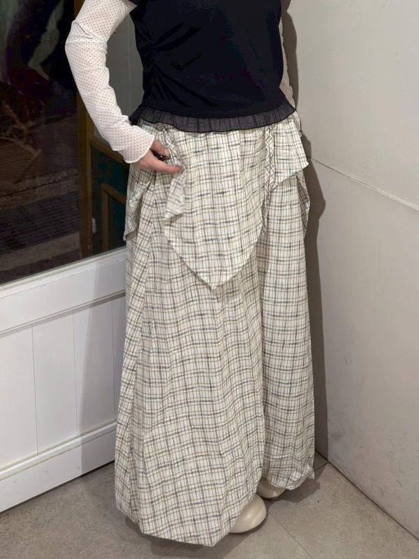 不對稱造型抽繩格紋氣球褲 