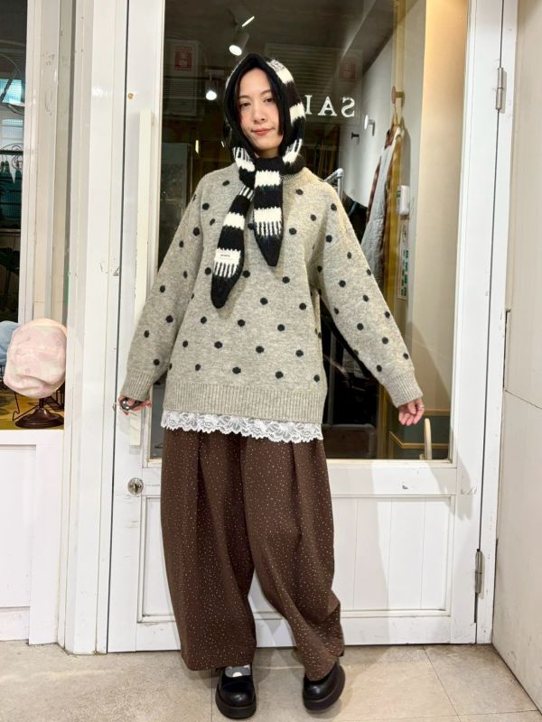 波點下擺拼接蕾絲長版針織毛衣 