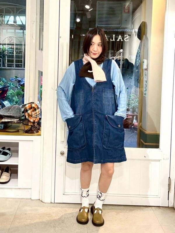 大V領全開拉鏈立體大口袋牛仔背心洋裝 