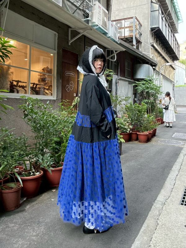 圓點紗拼接長袖洋裝 