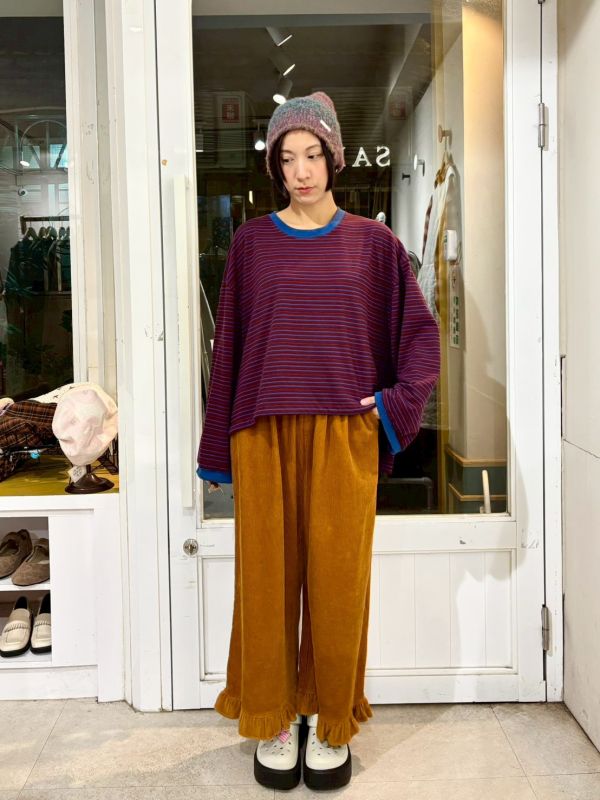 前短後長落肩寬袖條紋長袖上衣 