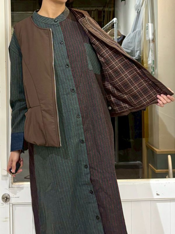 鋪棉棕色內格紋雙面穿背心 