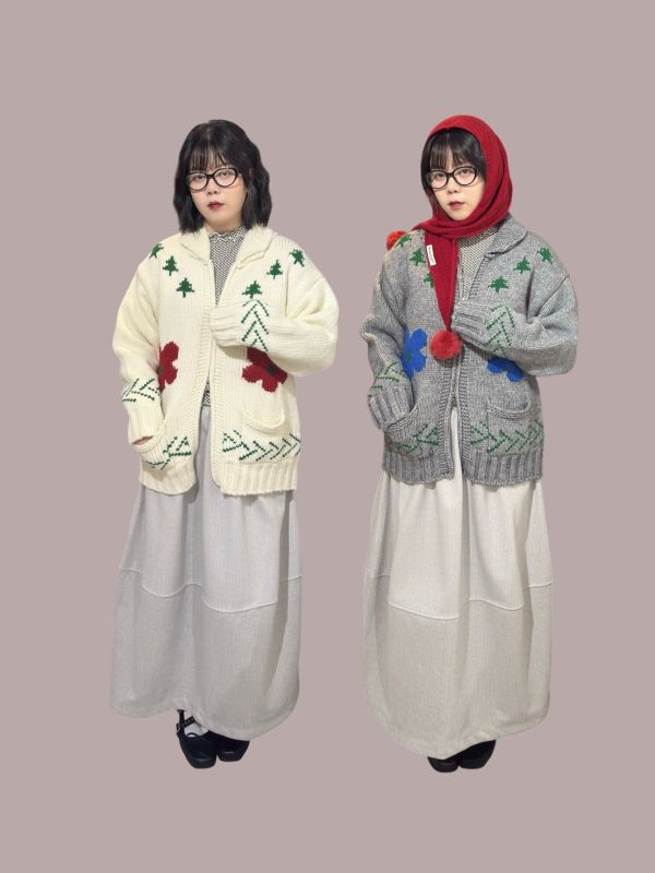 雙拉鏈撞色圖案粗毛線針織外套 