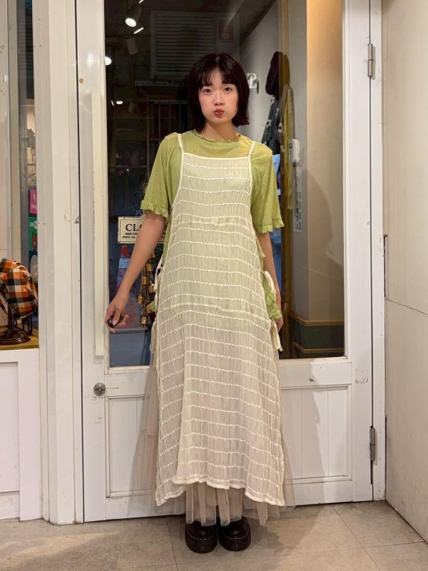 抓皺長方格測綁帶紗質長罩衫 