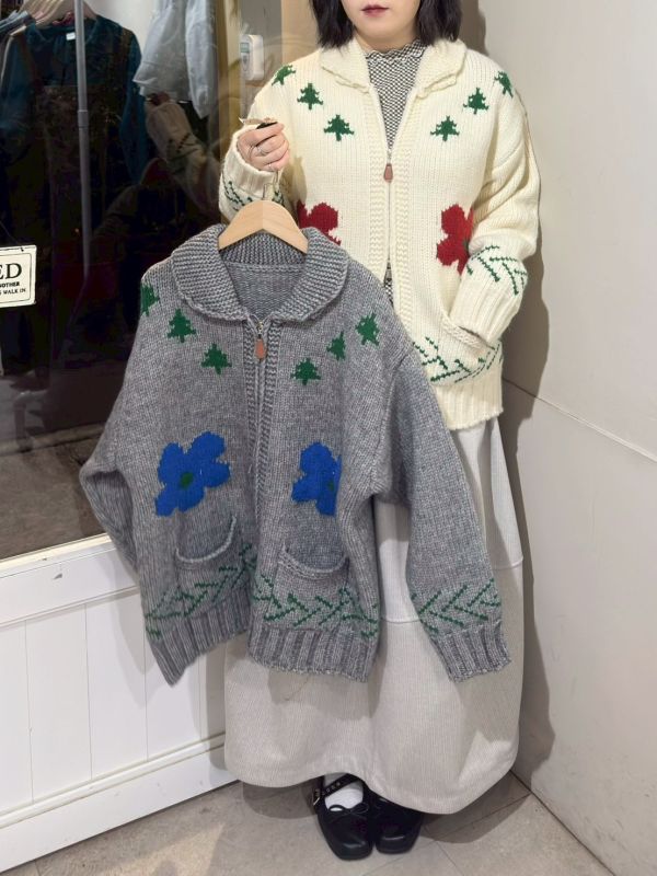 雙拉鏈撞色圖案粗毛線針織外套 