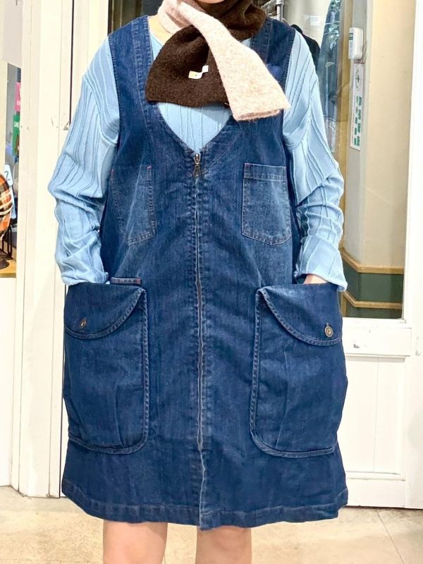 大V領全開拉鏈立體大口袋牛仔背心洋裝 