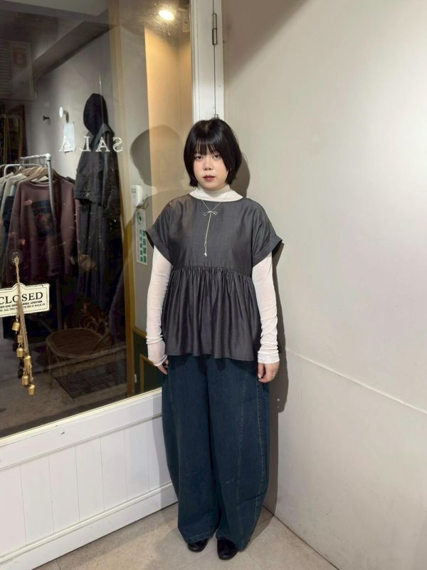 牛仔車線鬆緊腰繭型長褲 