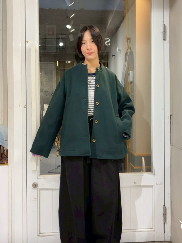 綠色中山領毛呢大外套 