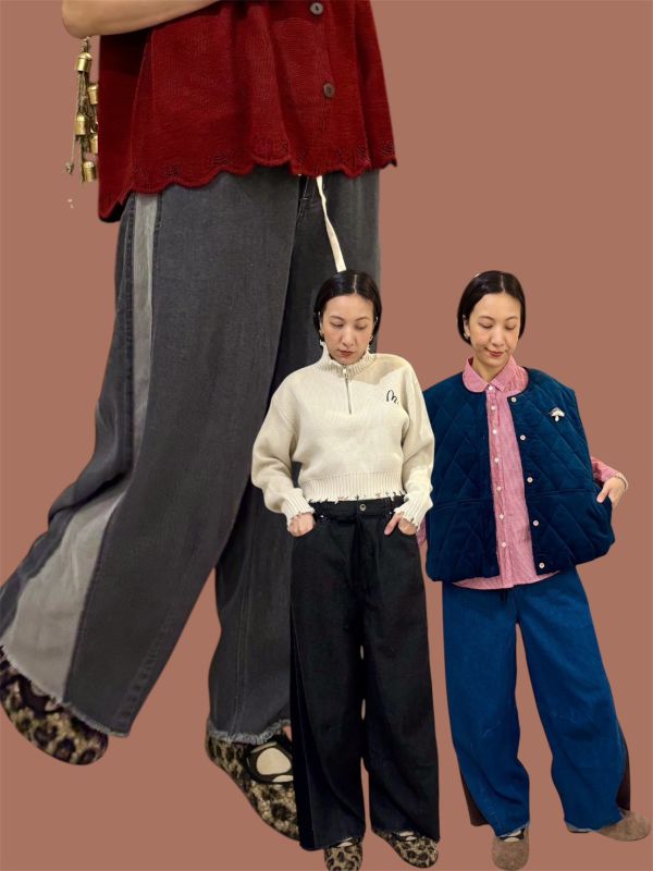 側邊細燈芯絨拼接牛仔褲 