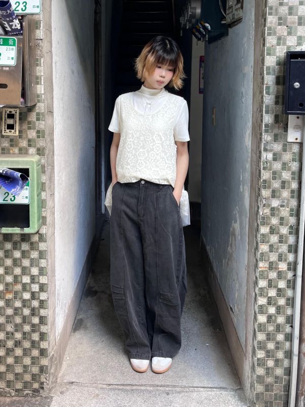 牛仔打褶線條錐形長褲 