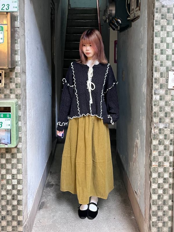 粗針織毛線撞色滾邊綁帶長袖外套 