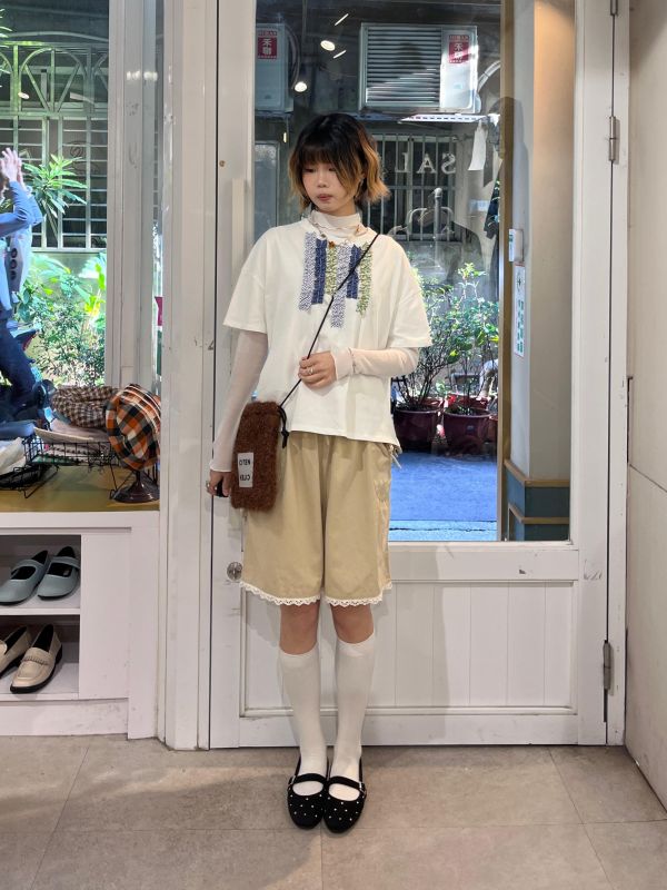 棉麻蕾絲下擺綁帶口袋五分褲 