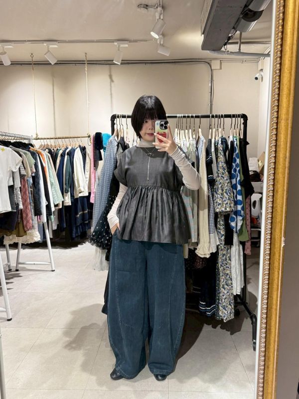 牛仔車線鬆緊腰繭型長褲 