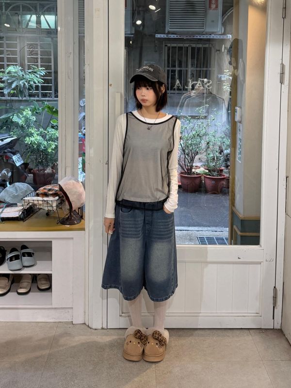 薄長袖上衣+透紗背心兩件式 