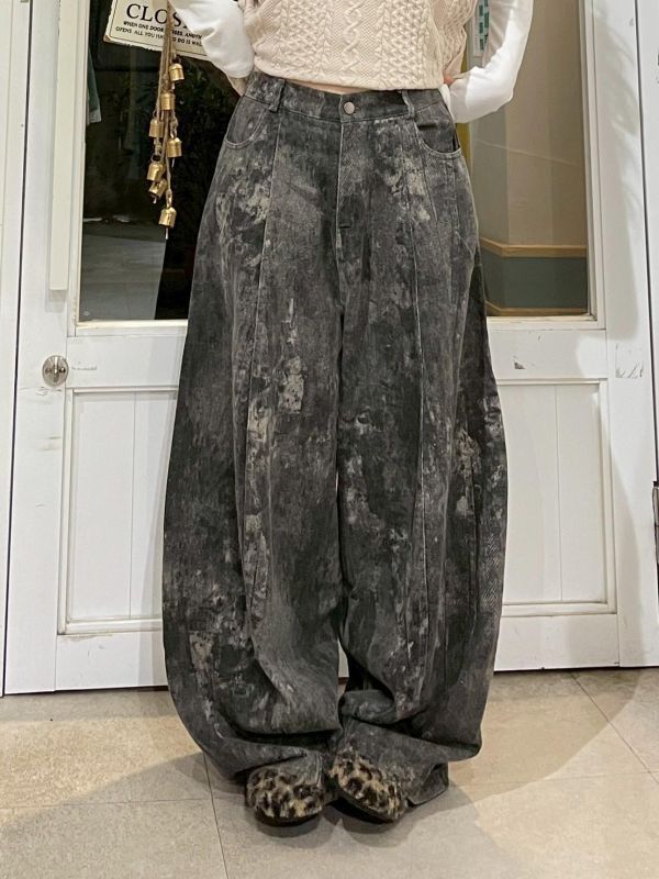 個性復古造型水洗後鬆緊繭型牛仔寬褲 