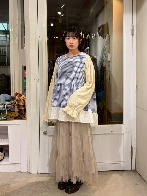 格紋拼接蕾絲下擺背心洋裝 