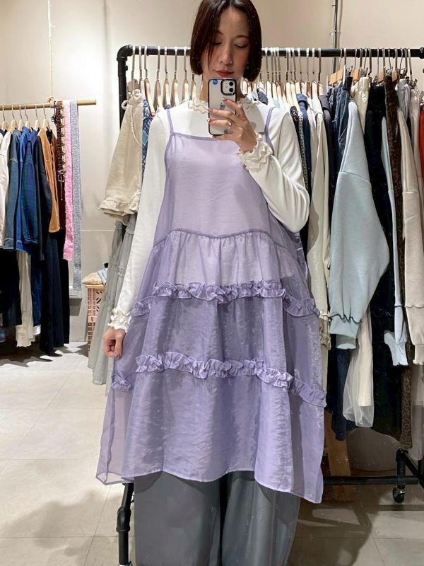 木耳拼接透紗蛋糕吊帶背心洋裝 